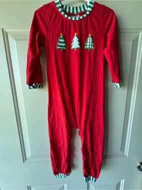 Kids Red Holiday Tree One-Piece Bodysuit with Stripe Trim